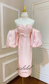 Puff Sleeve Satin Midi Dress In Pink