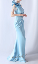 DEBBY BLUE ONE SHOULDER FLOWER CUT OUT SLIT MAXI DRESS