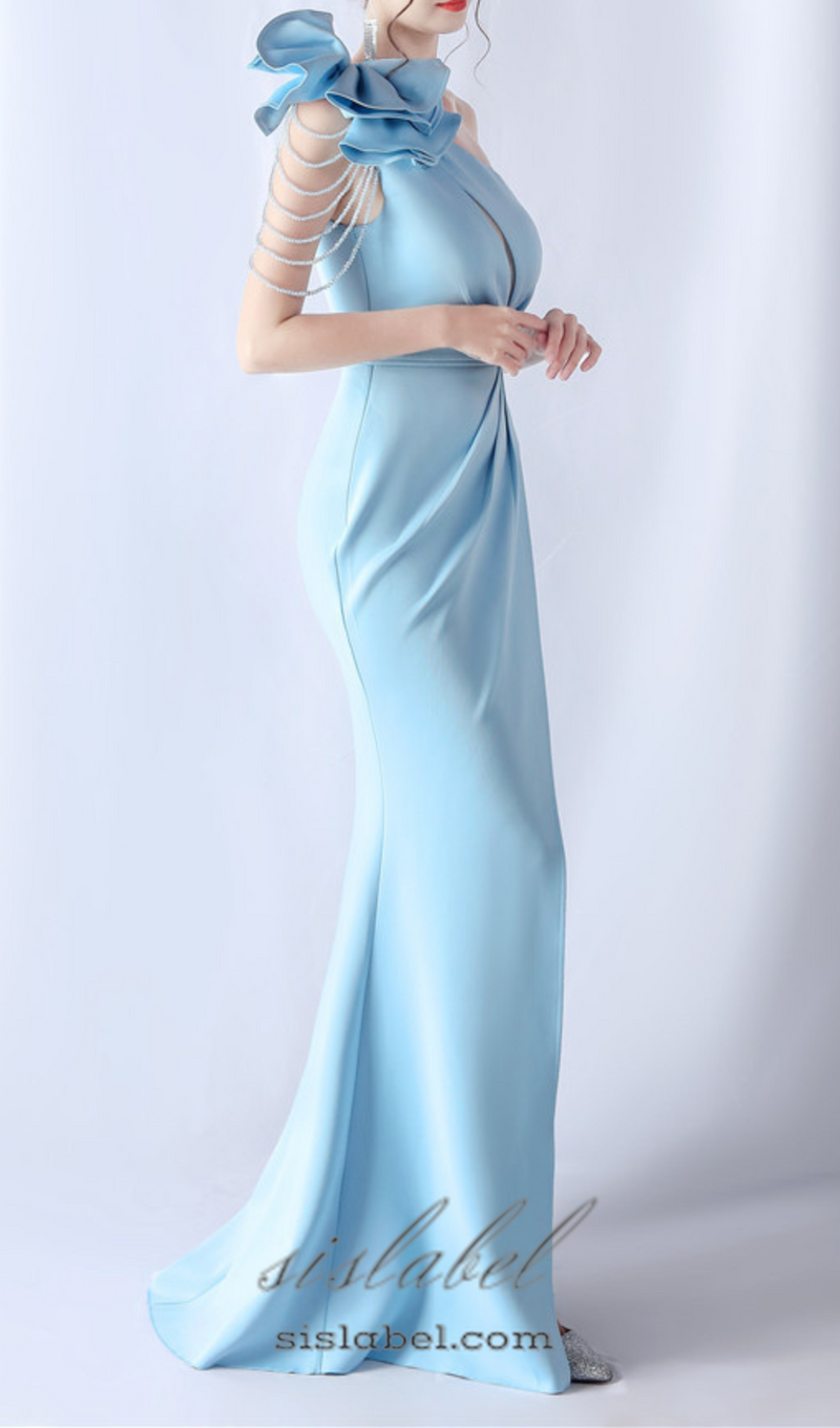 DEBBY BLUE ONE SHOULDER FLOWER CUT OUT SLIT MAXI DRESS