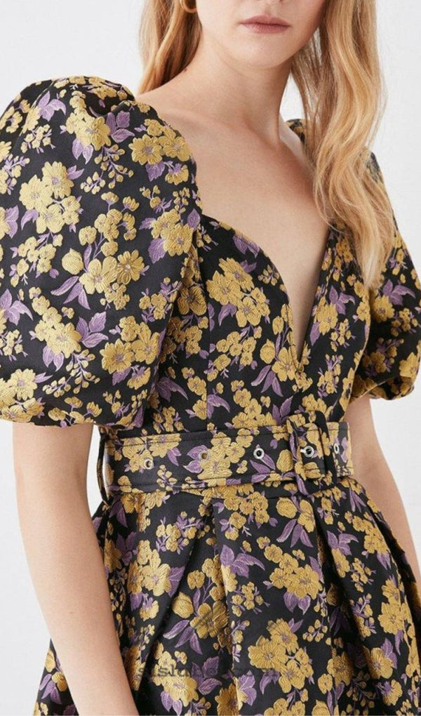 FLORAL JACQUARD PUFF SLEEVE DRESS