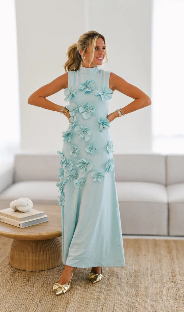 ANNONA GREEN FLOWER EMBELLISHED MAXI DRESS