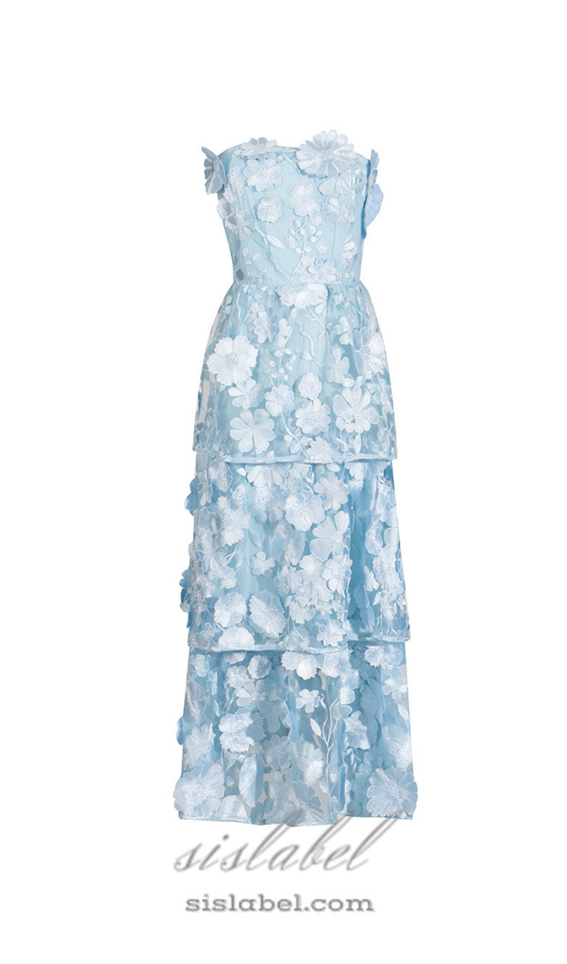 Selene 3D flower Tiered Maxi Dress In Blue