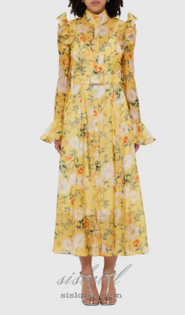 Daisy Print Butterfly Sleeve Midi Dress in yellow