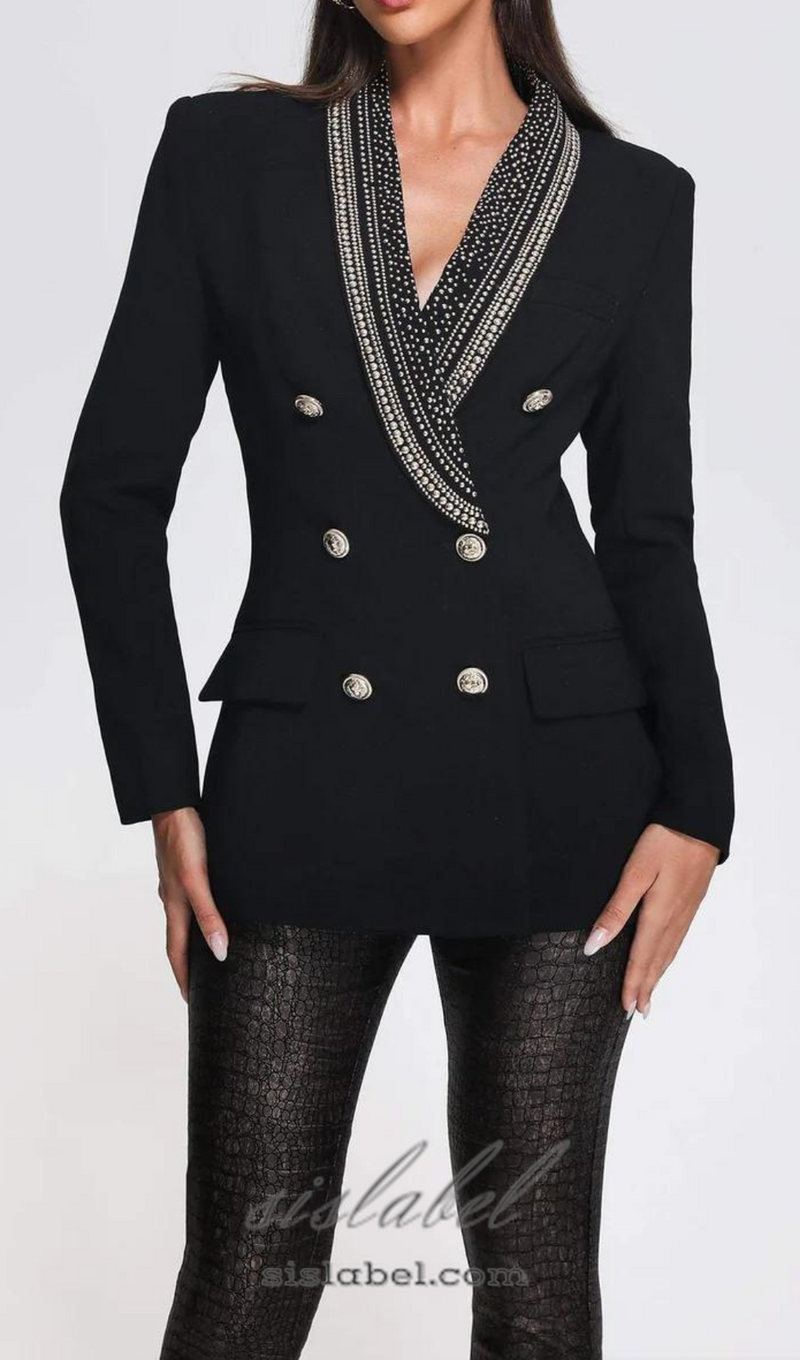 GAIL BEADED COLLAR LACE-UP DOUBLE BREASTED DRESSY BLAZER