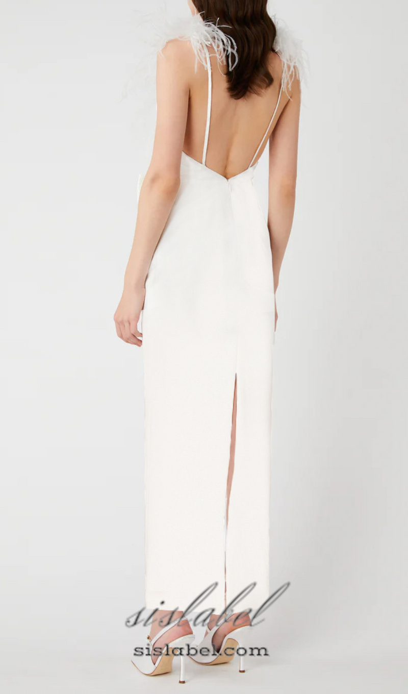 SIBYL FEATHER SLEEVELESS MIDI DRESS IN WHITE