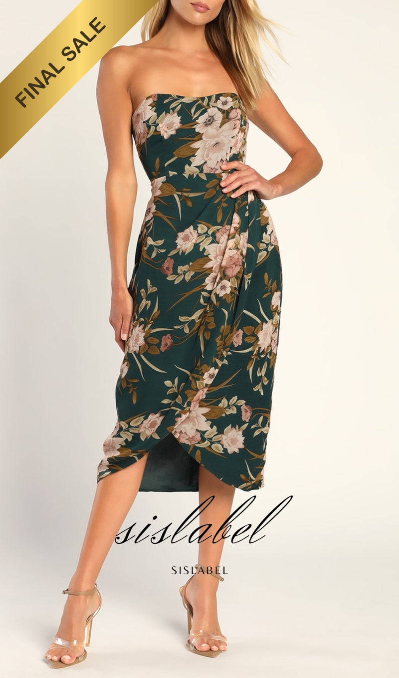 Effortless Charm Hunter Green Floral Strapless Tulip Midi Dress