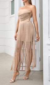 PENELOPE TULLE STRIPED EMBELLISH STRAPLESS APRICOT  MIDI DRESS