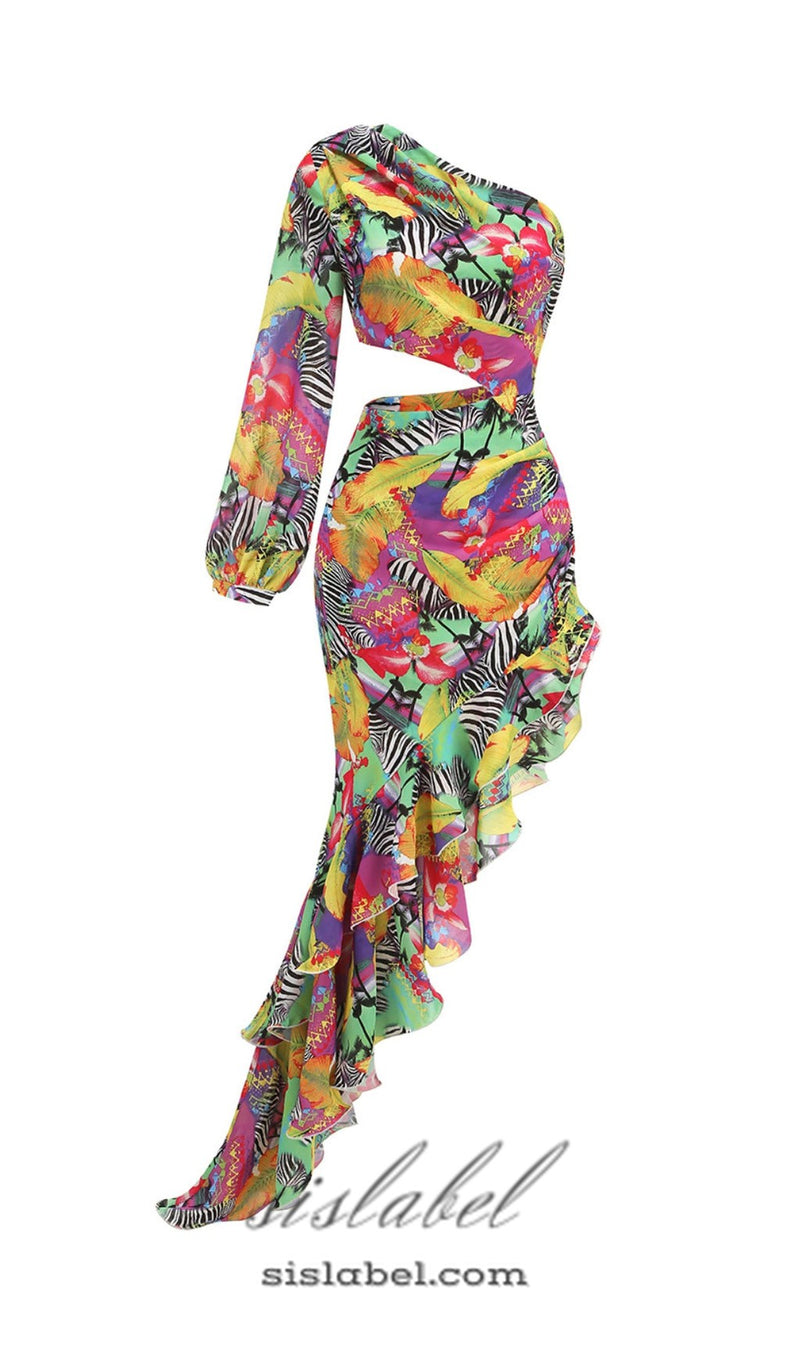 ONE SHOULDER RUFFLR TRIM PRINTED MAXI DRESS