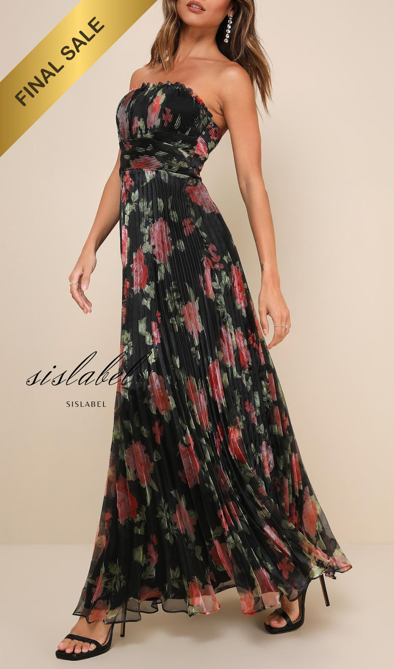 Black Floral Pleated Organza Maxi Dress