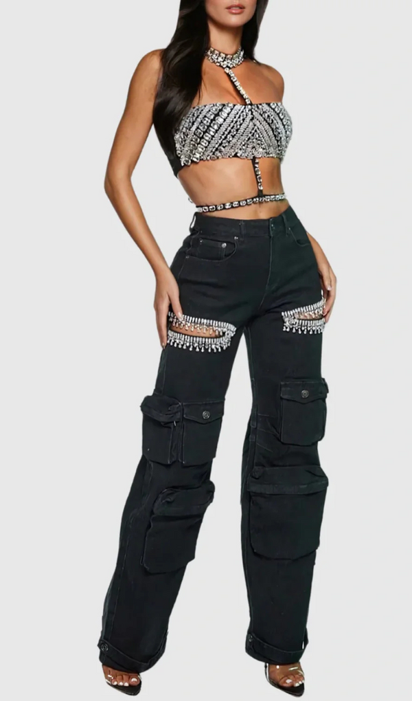 Rhinestone Cutout Cargo Jeans in Black