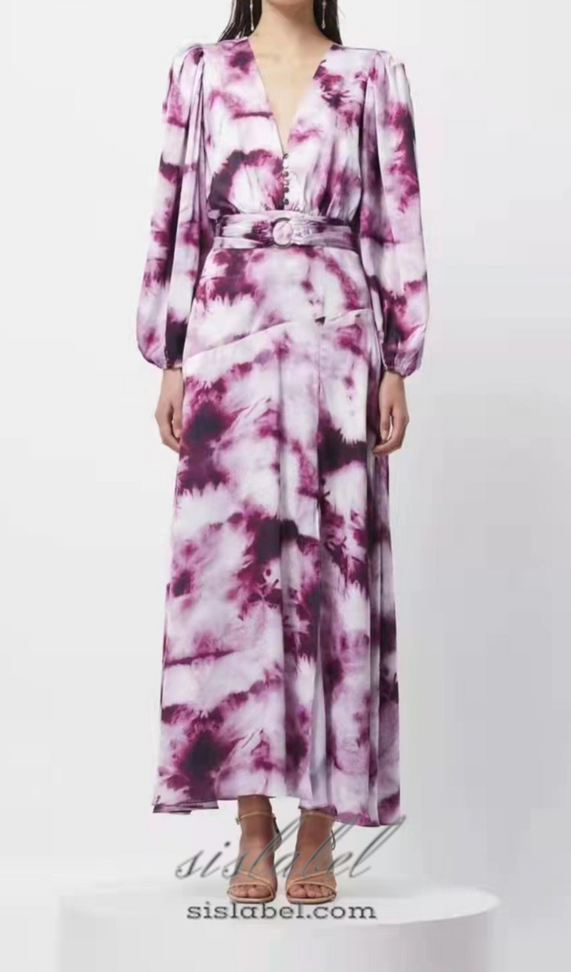 SUSANNA FUCHSIA BELTED TIE-DYED SATIN MAXI DRESS