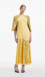 Ursula yellow cape-design chantilly-lace maxi dress