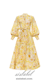 SIGRID YELLOW BUTTERCUP JASMINE LANTERN SLEEVE MIDI DRESS