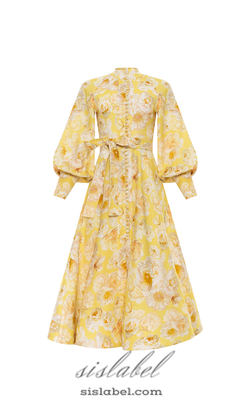 SIGRID YELLOW BUTTERCUP JASMINE LANTERN SLEEVE MIDI DRESS