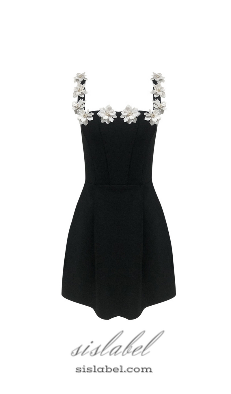 ZENOBIA FLOWER EMBELLISHED BLACK MINI DRESS