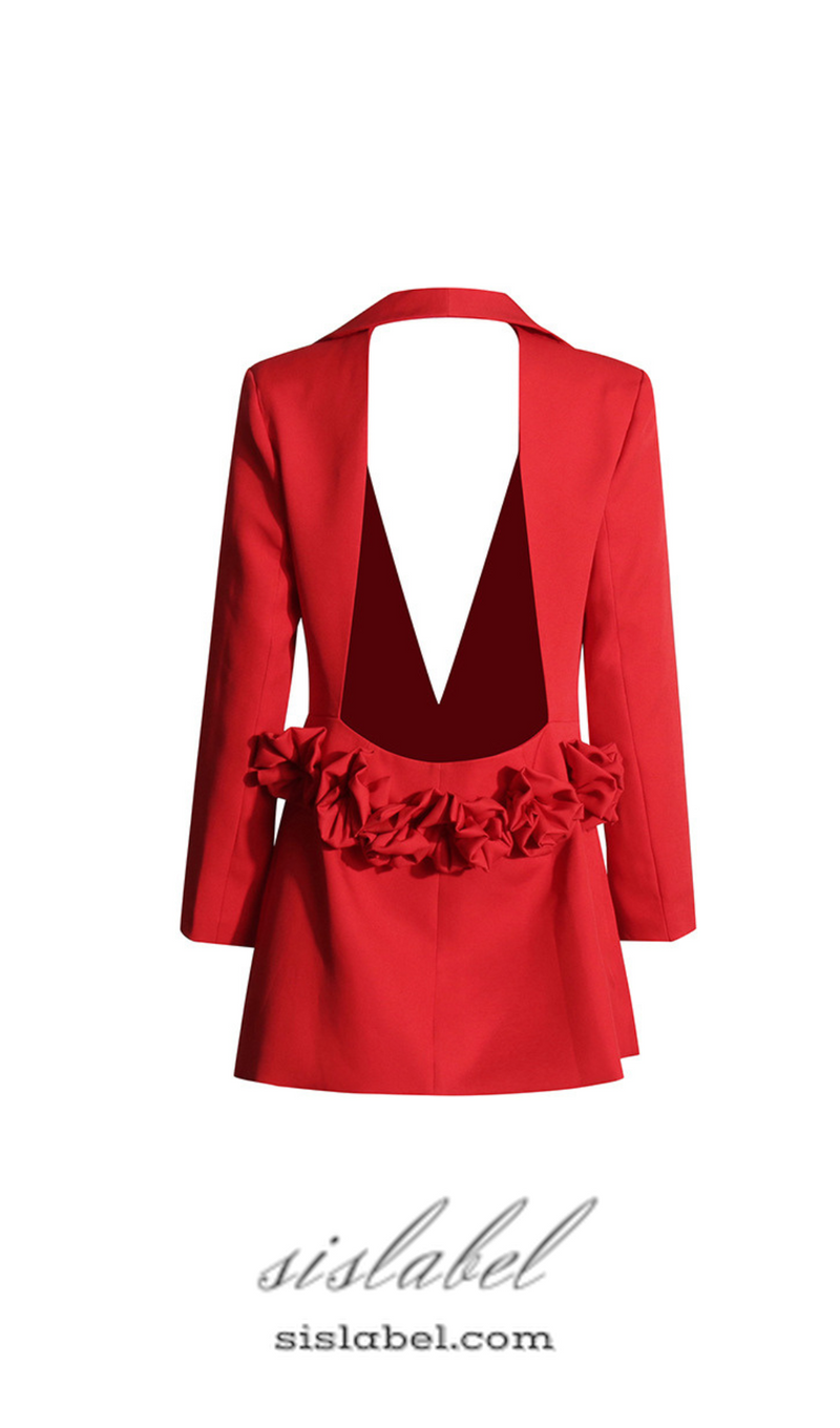 ELAINE DACRE BACK CUTOUT FLOWER BLAZER IN RED