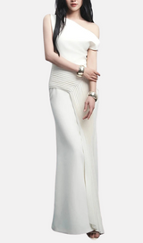 Ivory cream ruched draped Asymmetric maxi dress