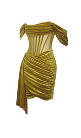 IRISA GOLD DRAPING OFF SHOULDER CORSET DRESS