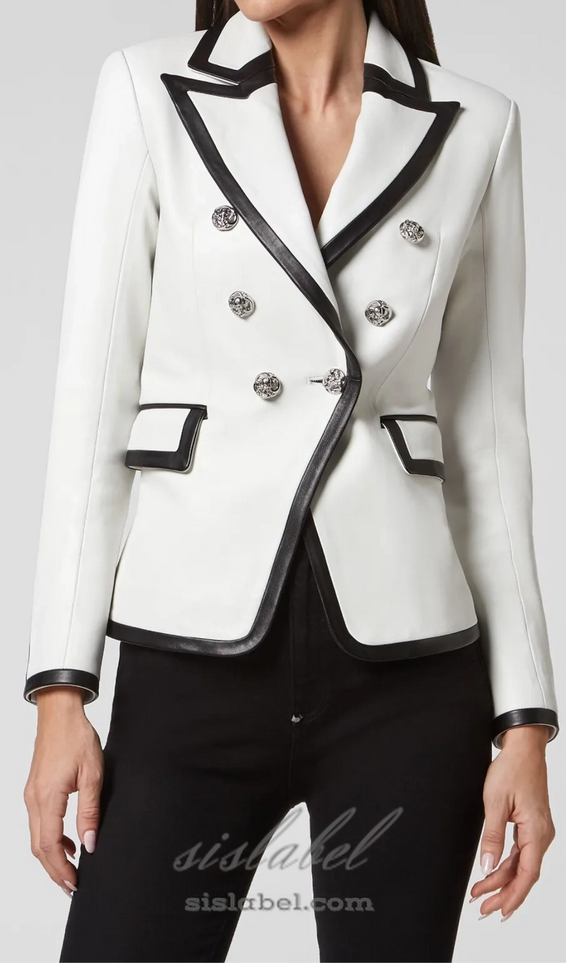 Pu Leather Rhinestone Bottom Blazer in white