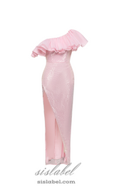 ELVA PINK RUFFLE TRIM HIGH SLIT SEQUIN MIDI DRESS