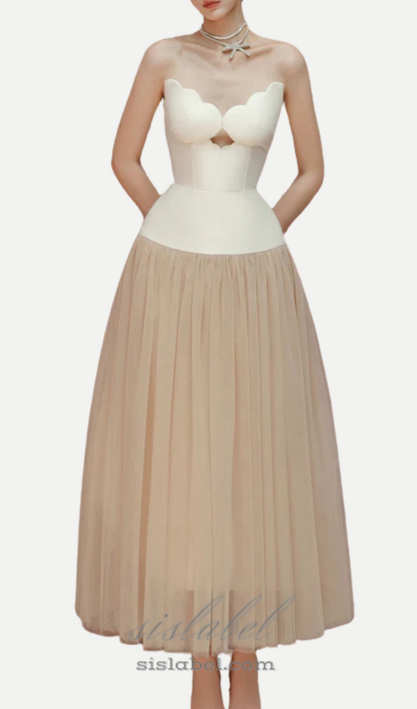 two-tone Hollow tube top tulle midi dress