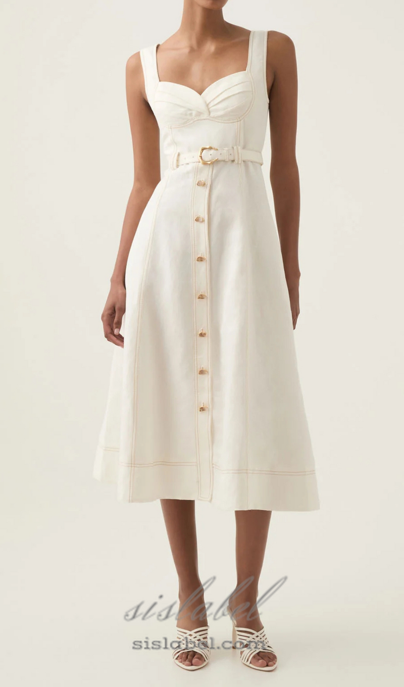 sweetheart neckline belted midi dress in ivory