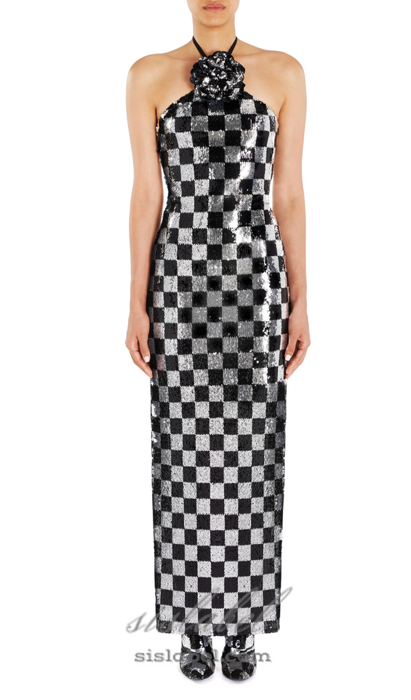 checkerboard sequin halter gown with flower