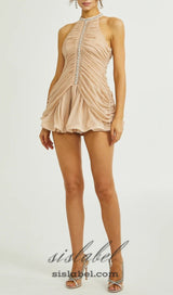 AMENAE EMBELLISHED RUCHED MINI DRESS