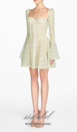 TERESA TRUMPET SLEEVE LACE EMBROIDERY MINI DRESS IN GREEN