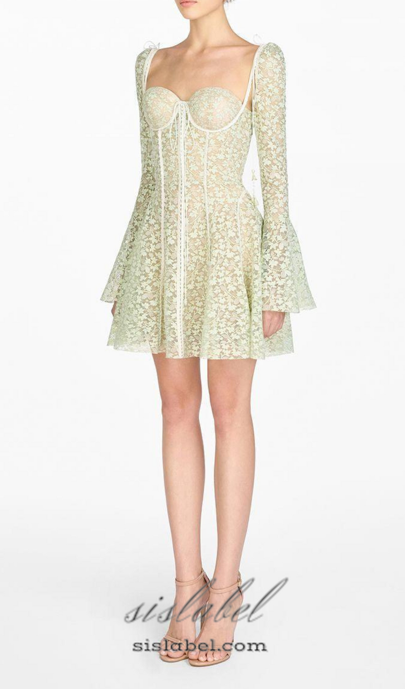 TERESA TRUMPET SLEEVE LACE EMBROIDERY MINI DRESS IN GREEN