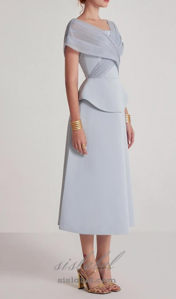 mesh patchwork midi dress in light grey