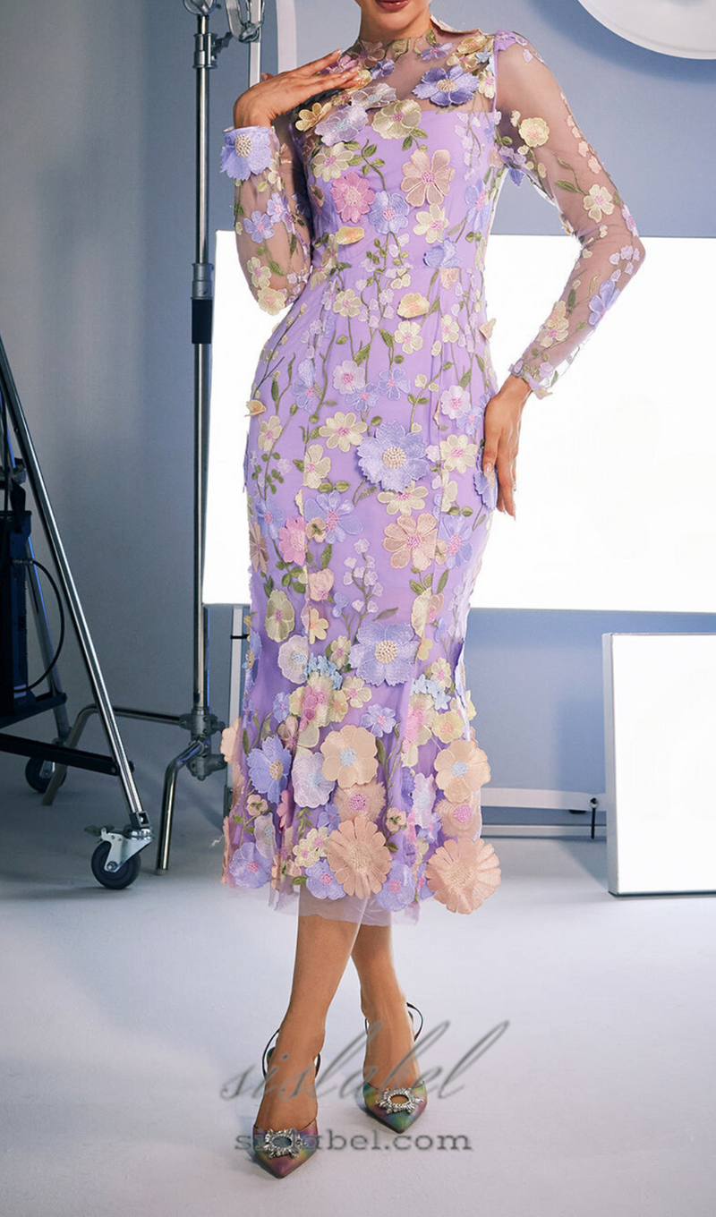 LONG SLEEVE EMBROIDERED MIDI DRESS IN PURPLE