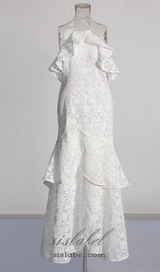 LYNN GARDENIA GUIPURE LACE RUFFLE GOWN IN WHITE