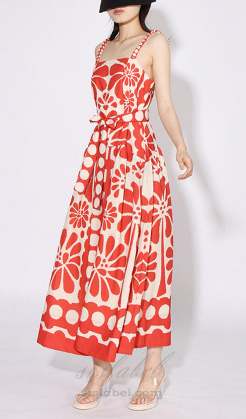 STRAP PRINTED MIDI DRESS IN RED