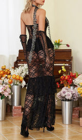 BLACK STRAPLESS LACE MERMAID DRESS