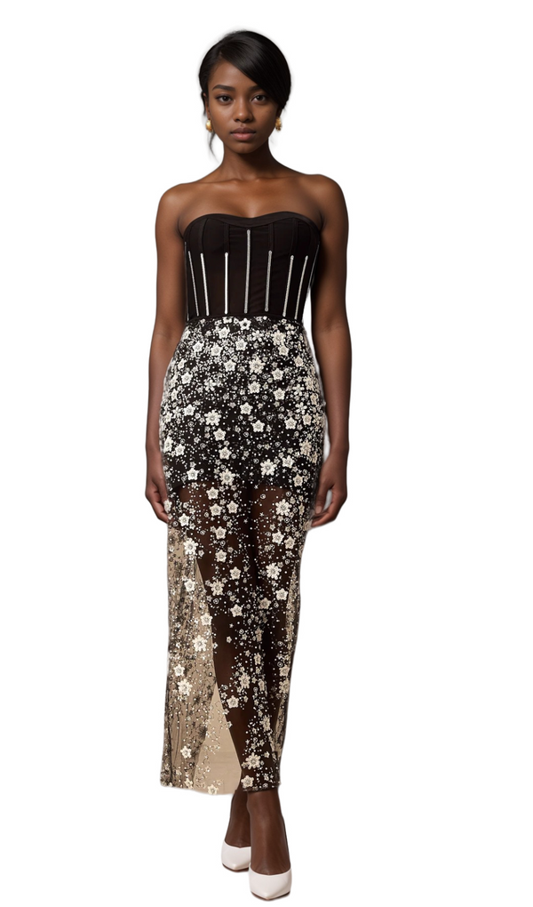 Ophélie black sequined flower corset midi dress