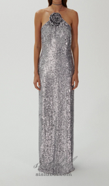 WINIFRED FLORAL-APPLIQUÉ SEQUIN MAXI DRESS SILVER