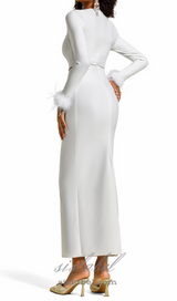 Rhinestone Cut-Out Feather Midi Dress in white