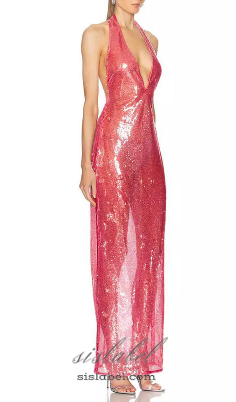 ZORA SHEER SEQUIN DEEP V NECK GOWN IN PINK RED