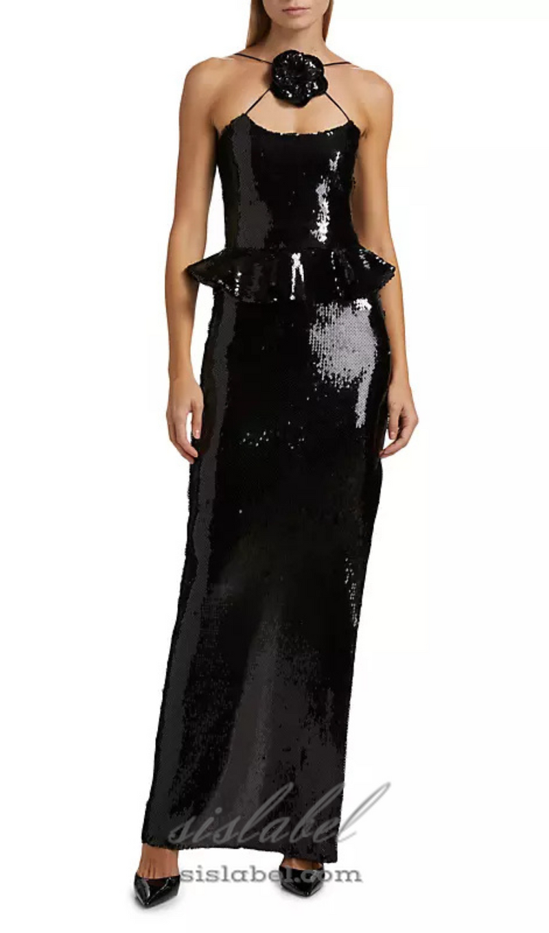 peplum waist sequin maxi dress in black