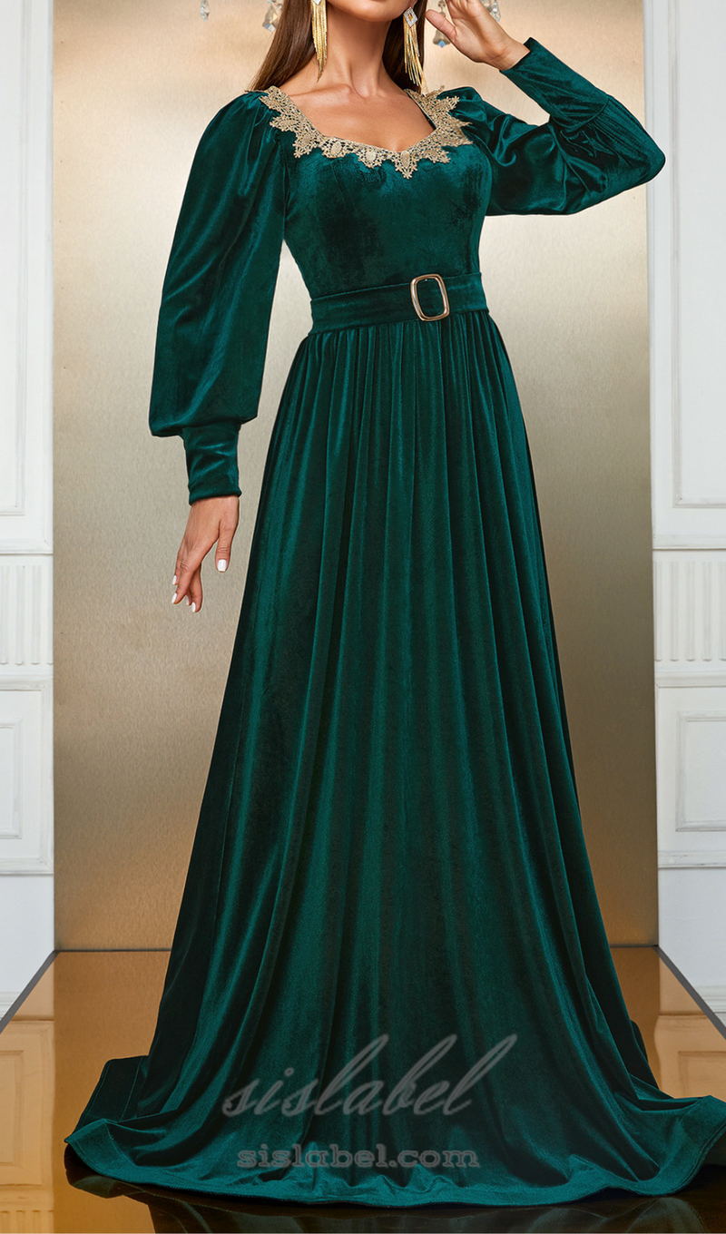 ATHENA VELVET LANTERN SLEEVE MAXI DRESS IN DARK GREEN