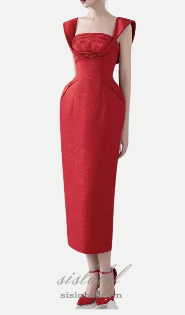 square neckline bow midi dress in red