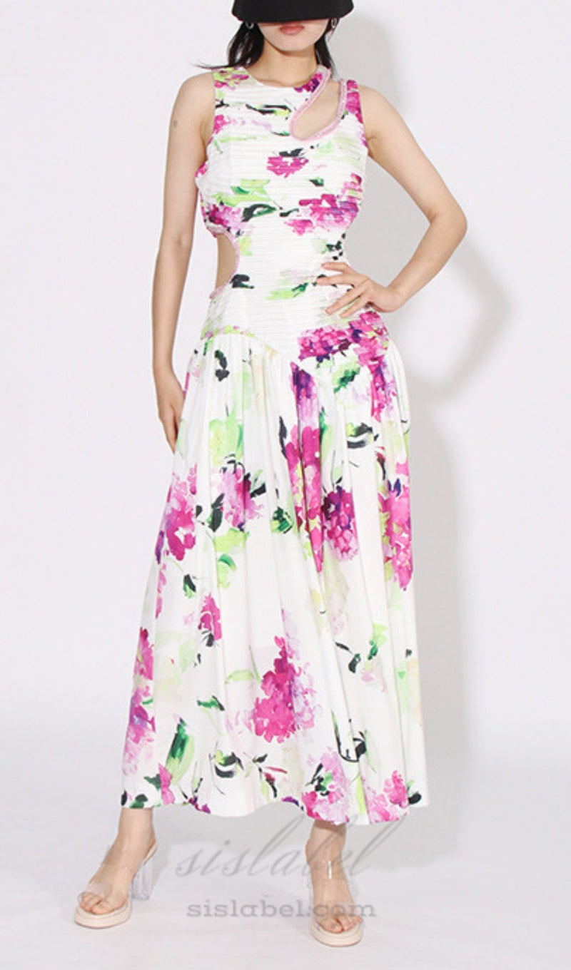 FLORAL CUTOUT MIDI DRESS IN WHITE