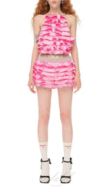 RUFFLE EMBELLISHED SHORTS TOP SET IN PINK