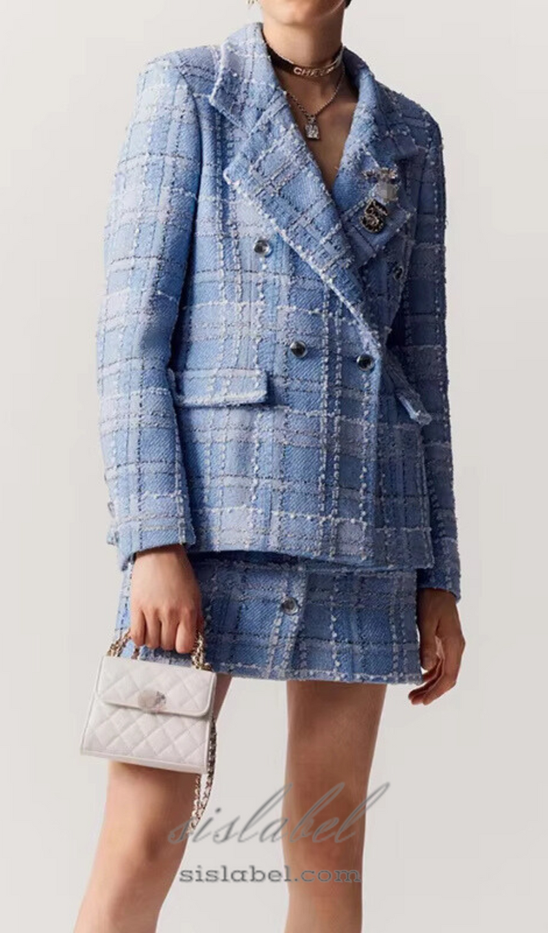 Plaid Double Breasted Tweed blazer in blue