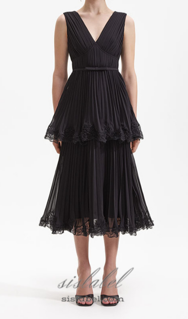 NANCY SLEEVELESS PLEATED TIERED MIDI DRESS IN BLACK