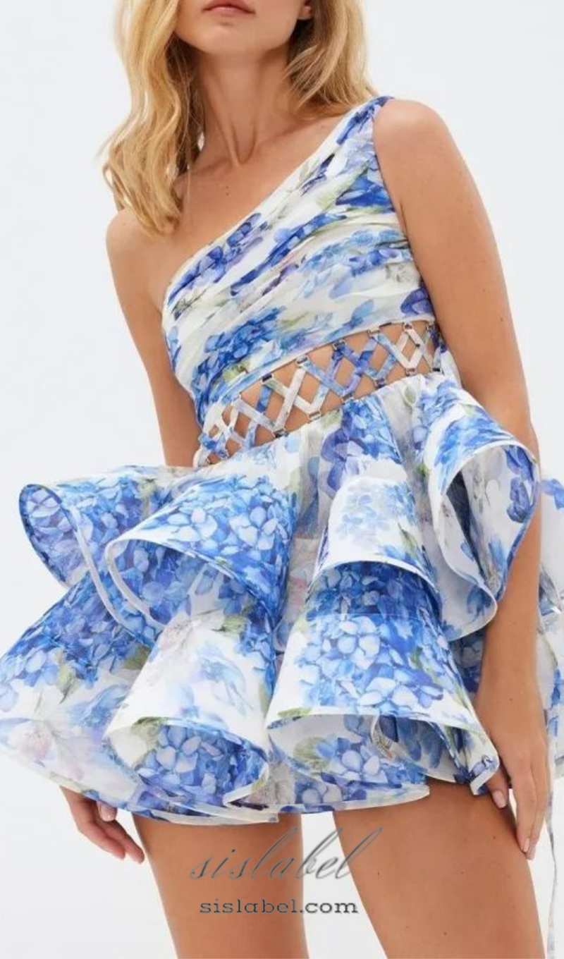 GAIL BLUE FLORAL PRINTED ONE-SHOULDER MINI CHIFFON DRESS