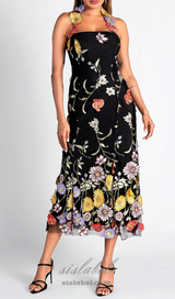 Halter Embroider Floral midi Dress in black