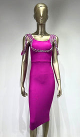 CRYSTAL BANDAGE MIDI DRESS IN HOT PINK