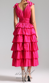 PLUNGE V RUFFLE TIERED SLIT GOWN IN PINK